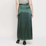 Green Solid Satin Long Skirt-Wrap Knot