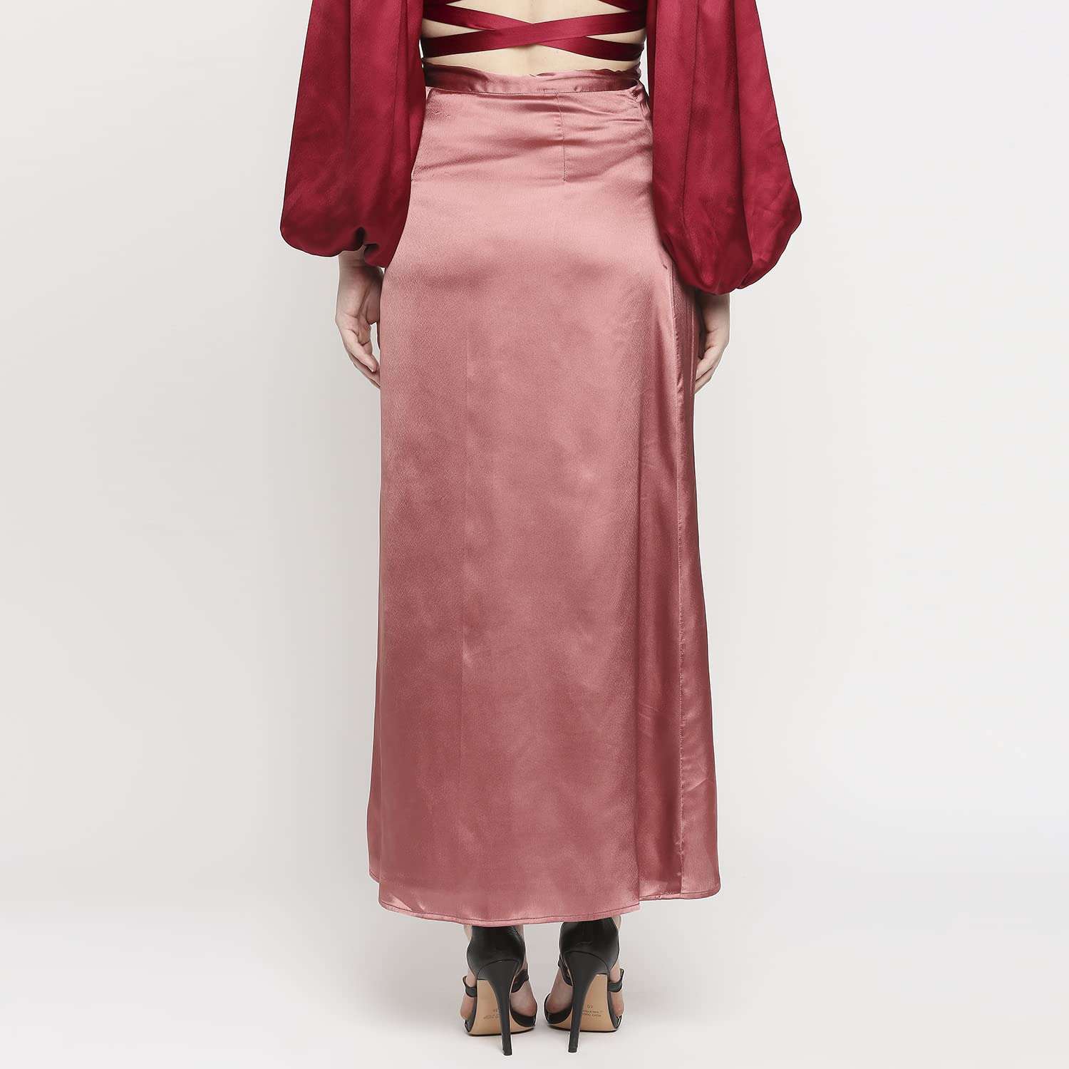 Rustic Pink Solid Satin Long Skirt-Wrap Knot