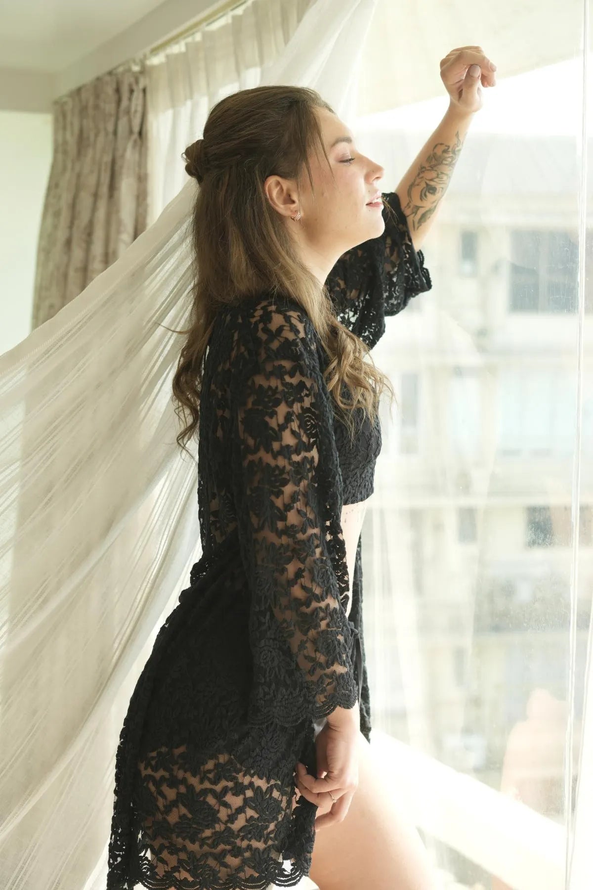 Noir Desire Sheer Lace Robe