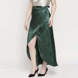 Green Solid Satin Long Skirt-Wrap Knot