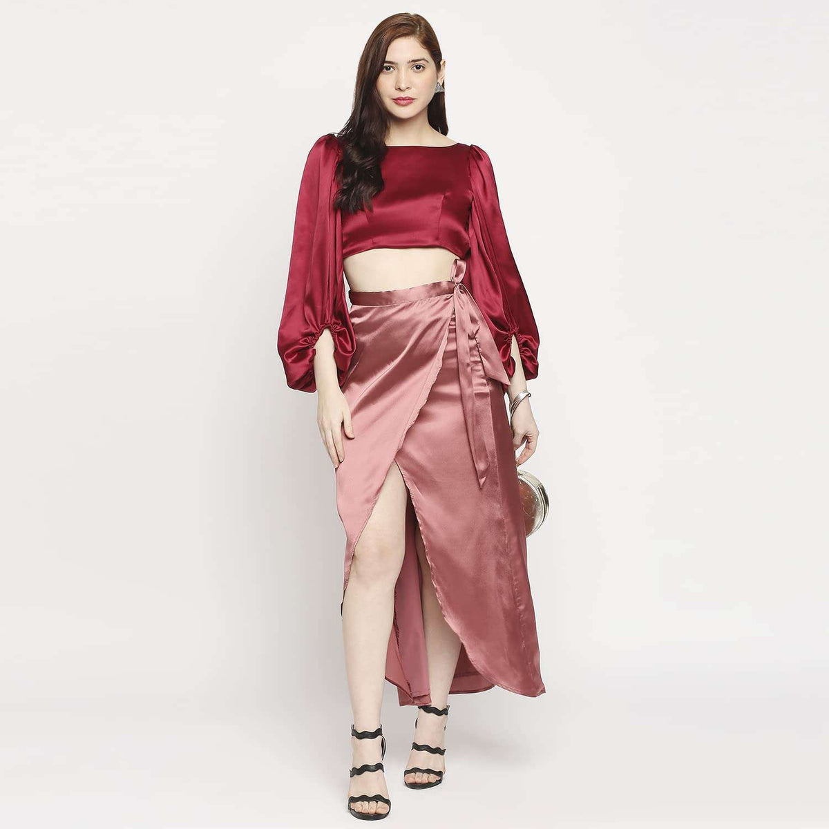 Rustic Pink Solid Satin Long Skirt-Wrap Knot