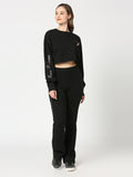Black with rose gold print cropped top and full pant Co-Ords set.