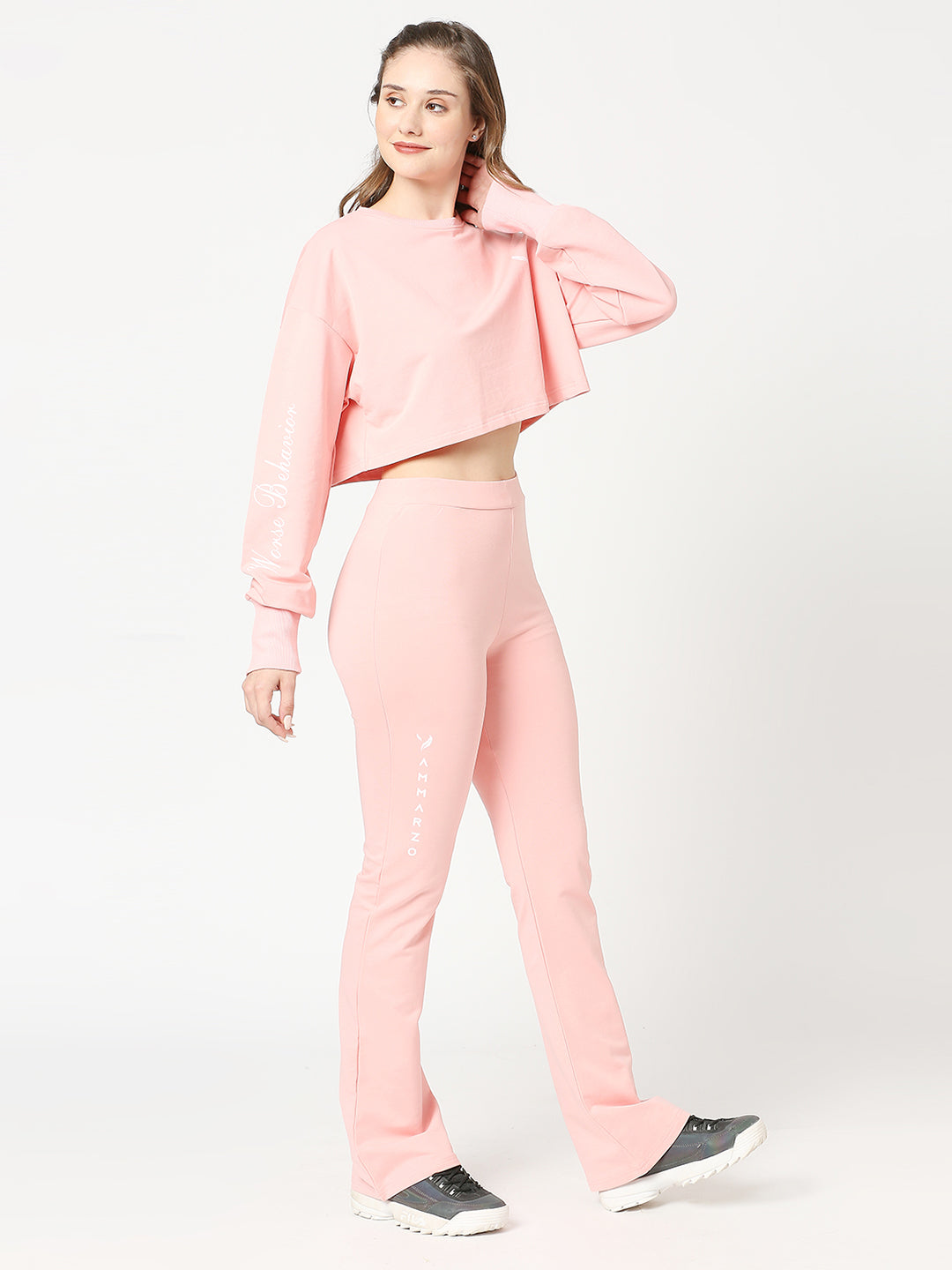 Pink cropped top and full pants set Co-Ords Set.