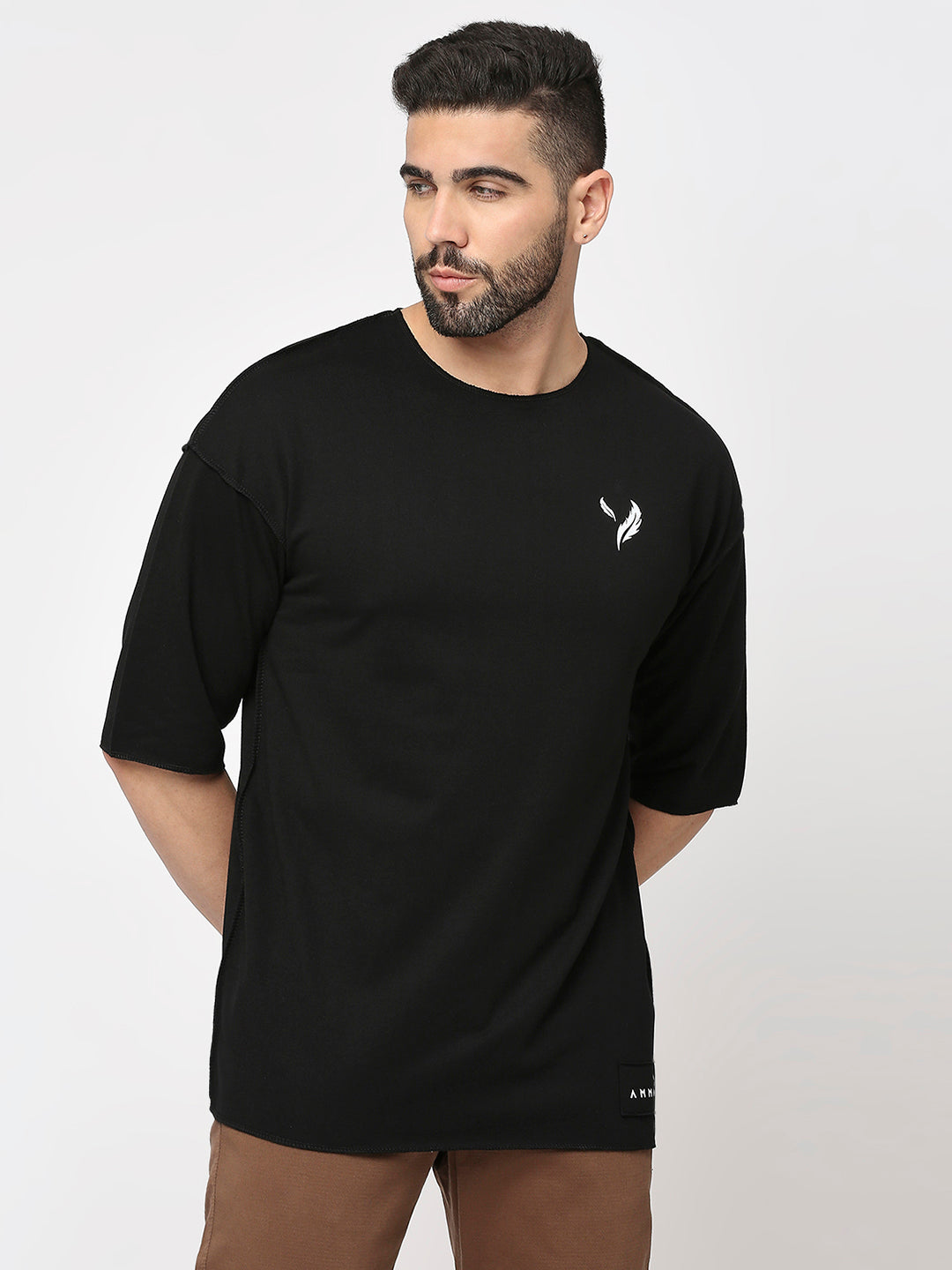 Black Cotton Terry 3/4 Sleeve Drop Shoulder T-Shirt