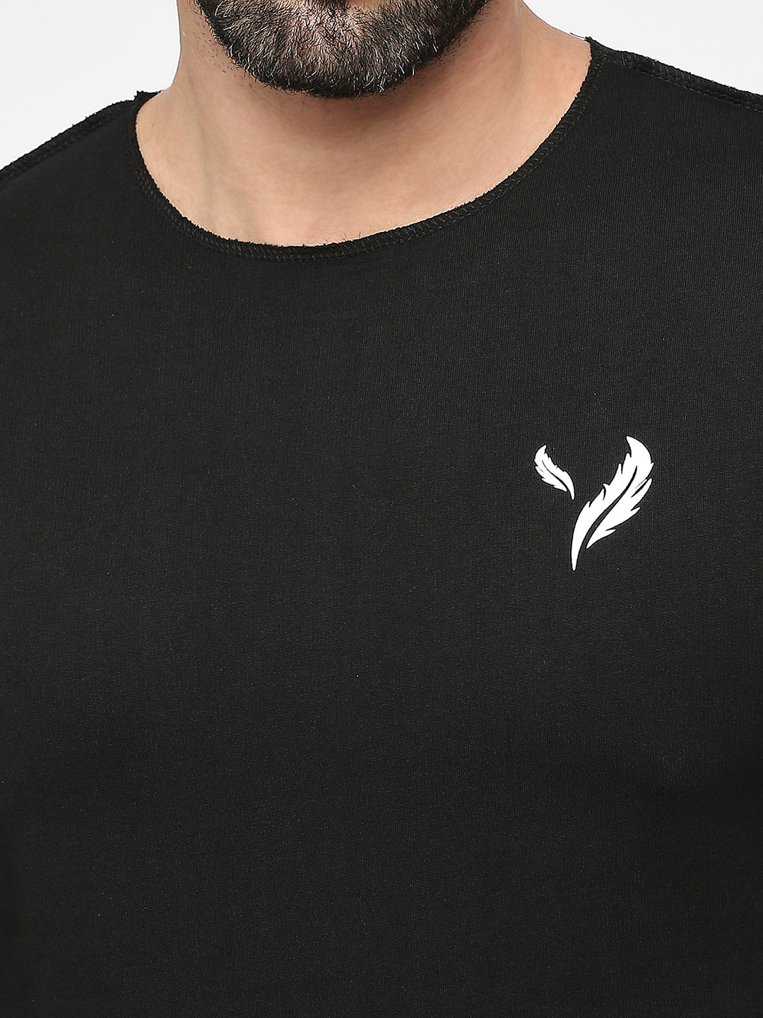 Black Cotton Terry 3/4 Sleeve Drop Shoulder T-Shirt