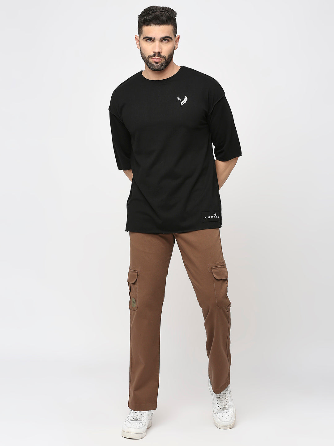 Black Cotton Terry 3/4 Sleeve Drop Shoulder T-Shirt