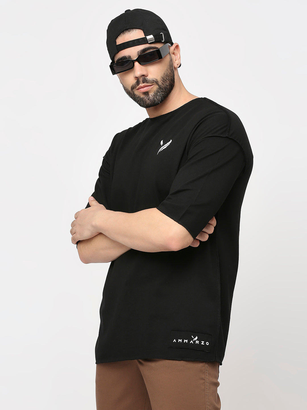Black Cotton Terry 3/4 Sleeve Drop Shoulder T-Shirt
