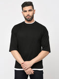 Black Cotton Lycra 3/4 Sleeve Drop Shoulder T-Shirt