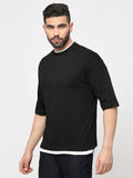 Black Cotton Lycra 3/4 Sleeve Drop Shoulder T-Shirt