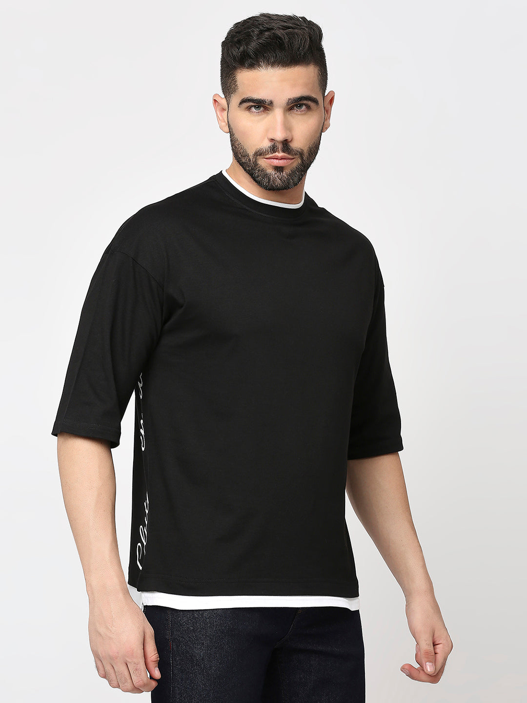 Black Cotton Lycra 3/4 Sleeve Drop Shoulder T-Shirt