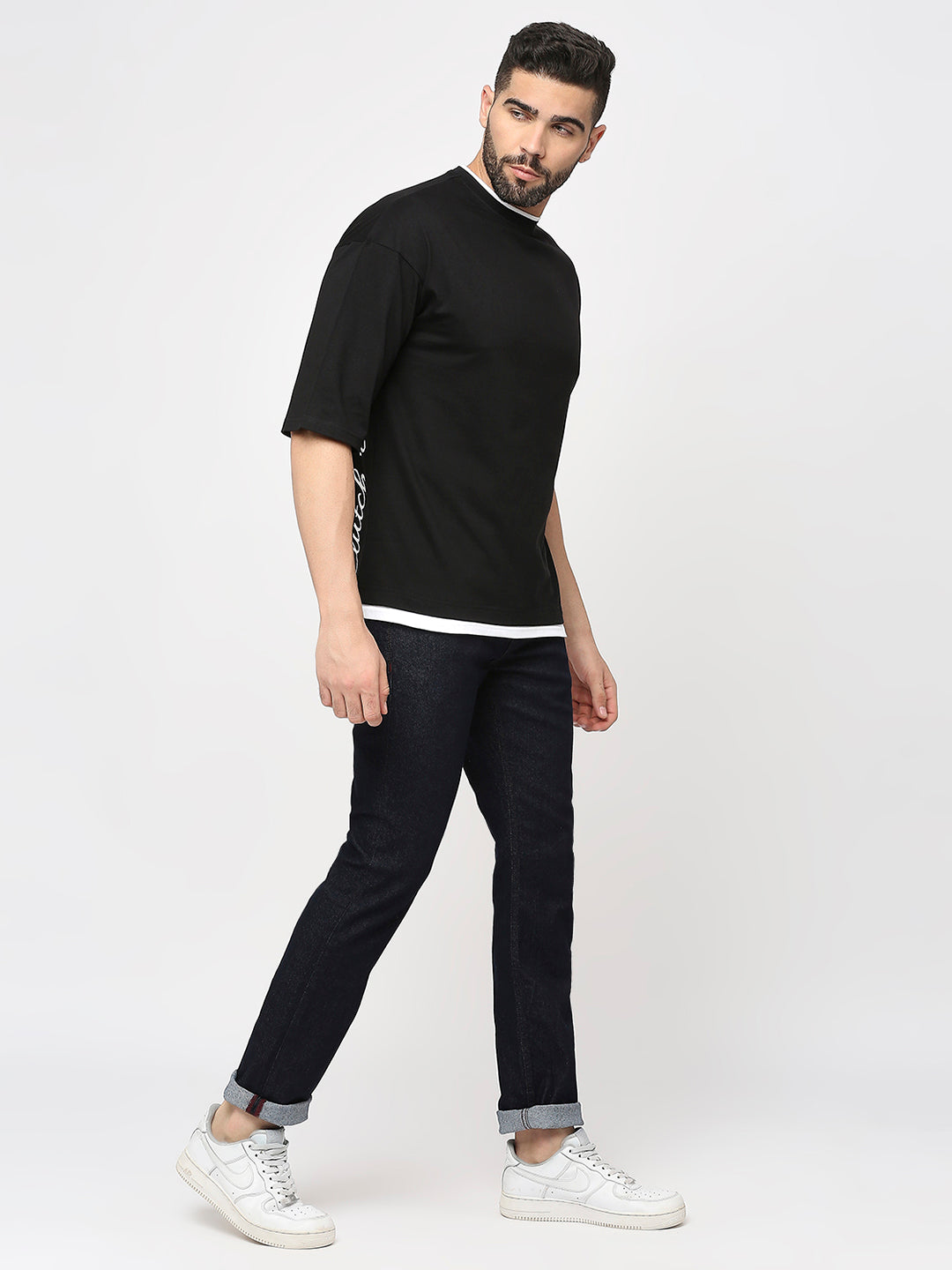 Black Cotton Lycra 3/4 Sleeve Drop Shoulder T-Shirt