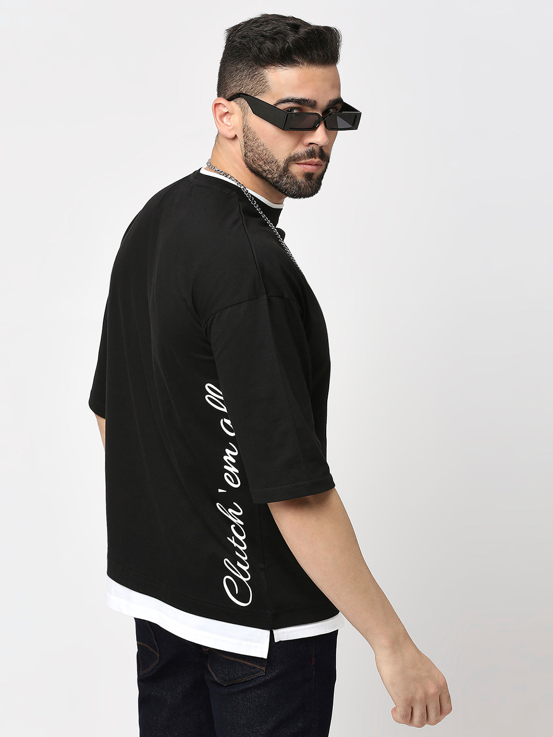 Black Cotton Lycra 3/4 Sleeve Drop Shoulder T-Shirt