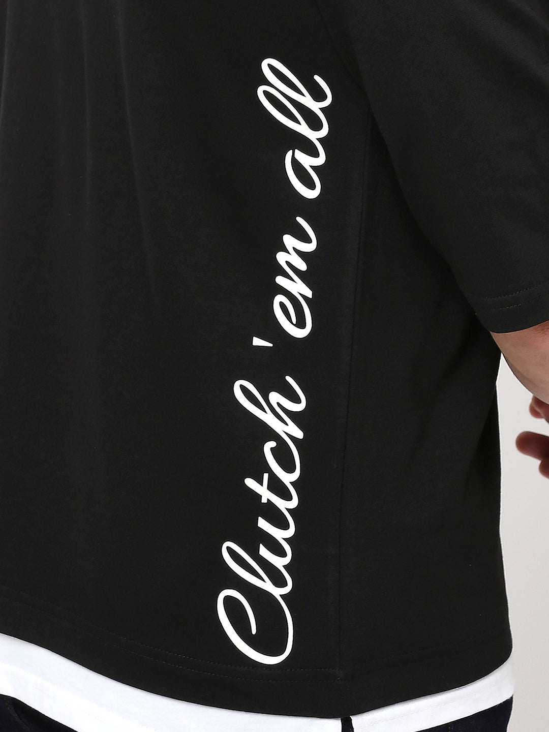 Black Cotton Lycra 3/4 Sleeve Drop Shoulder T-Shirt