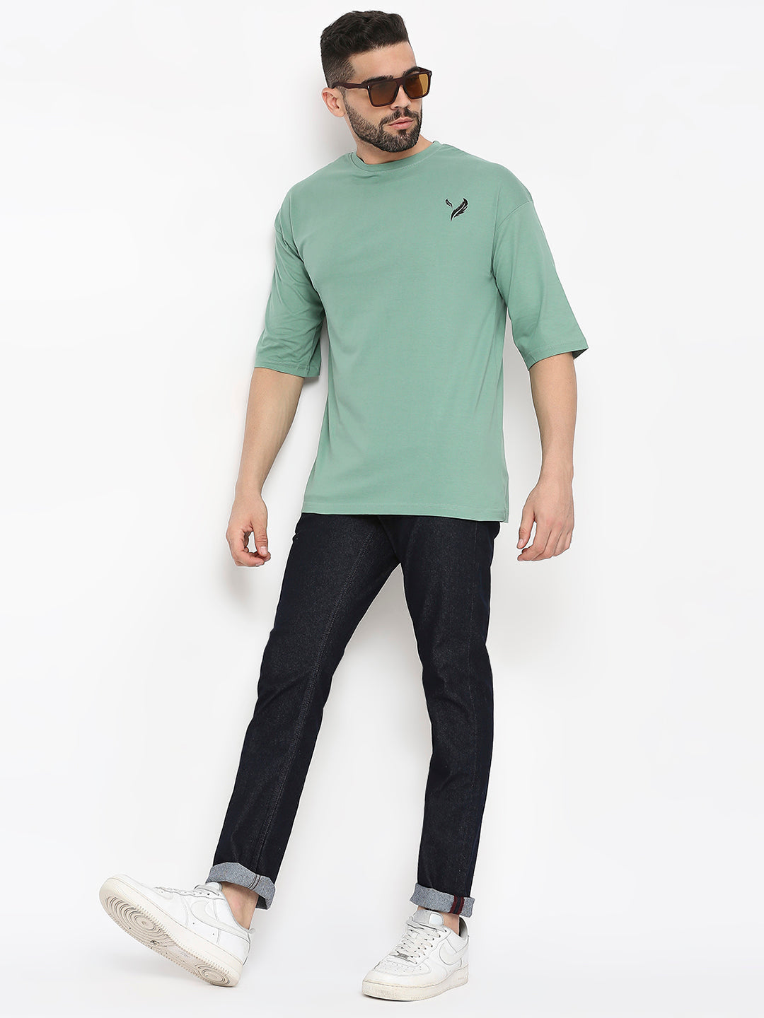 Sage Green 100% Cotton Lycra Back Print Drop Shoulder T-Shirt