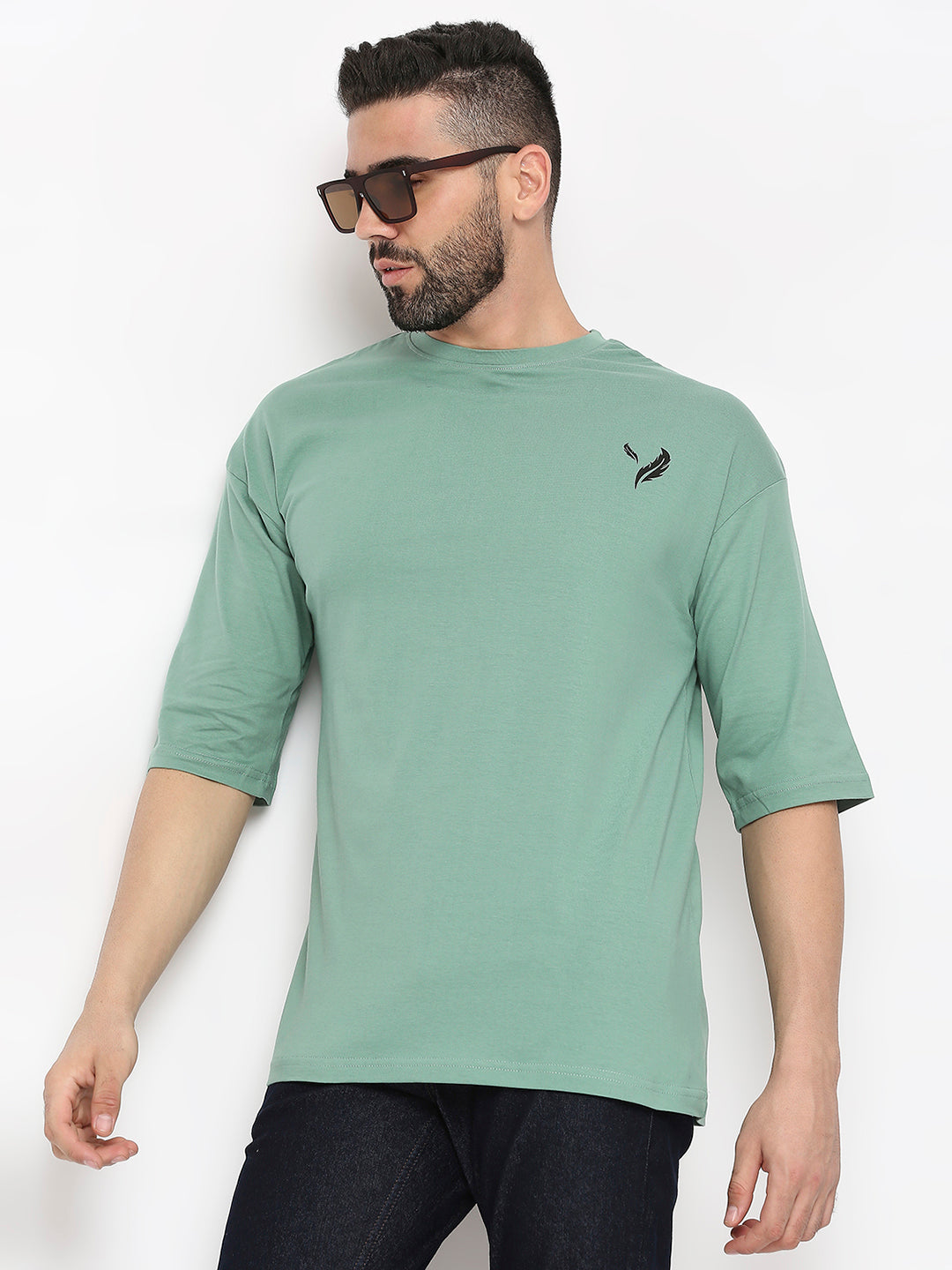 Sage Green 100% Cotton Lycra Back Print Drop Shoulder T-Shirt